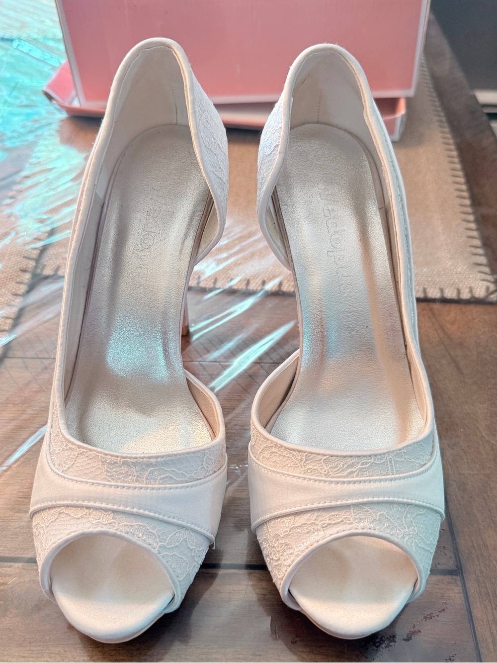 White Satin Lace Peep Toe Bridal Heels Size 7